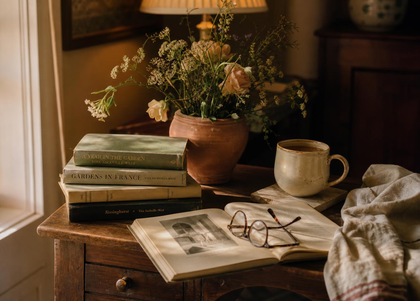 Design books, a coffee mug and cut flowers on a worn wooden table