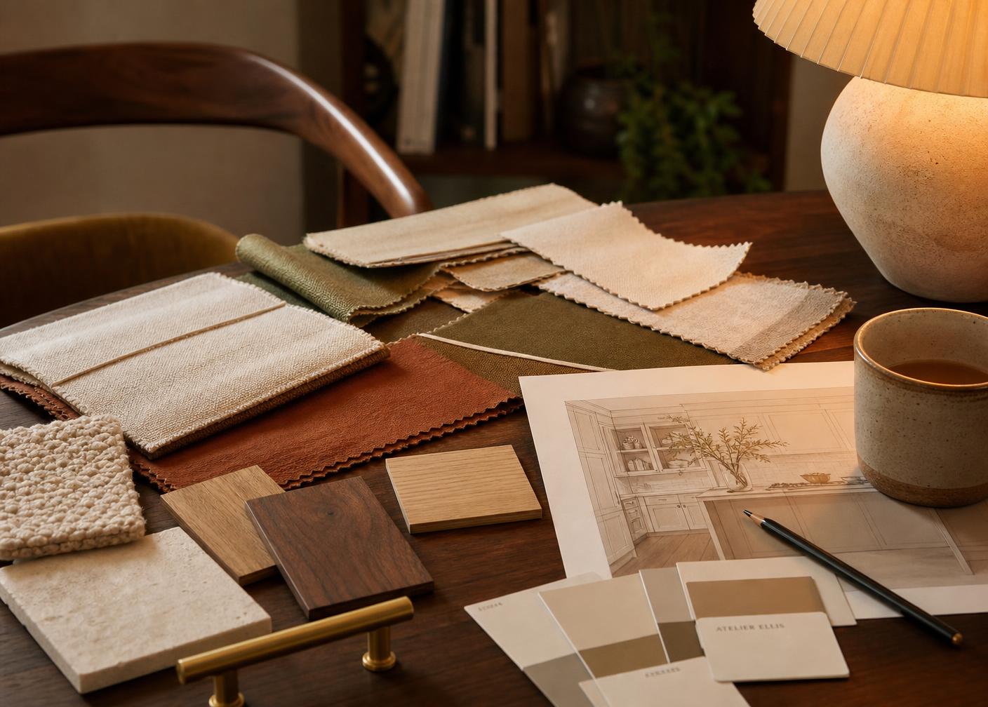 A moodboard of fabric samples, paint cards and timber finishes