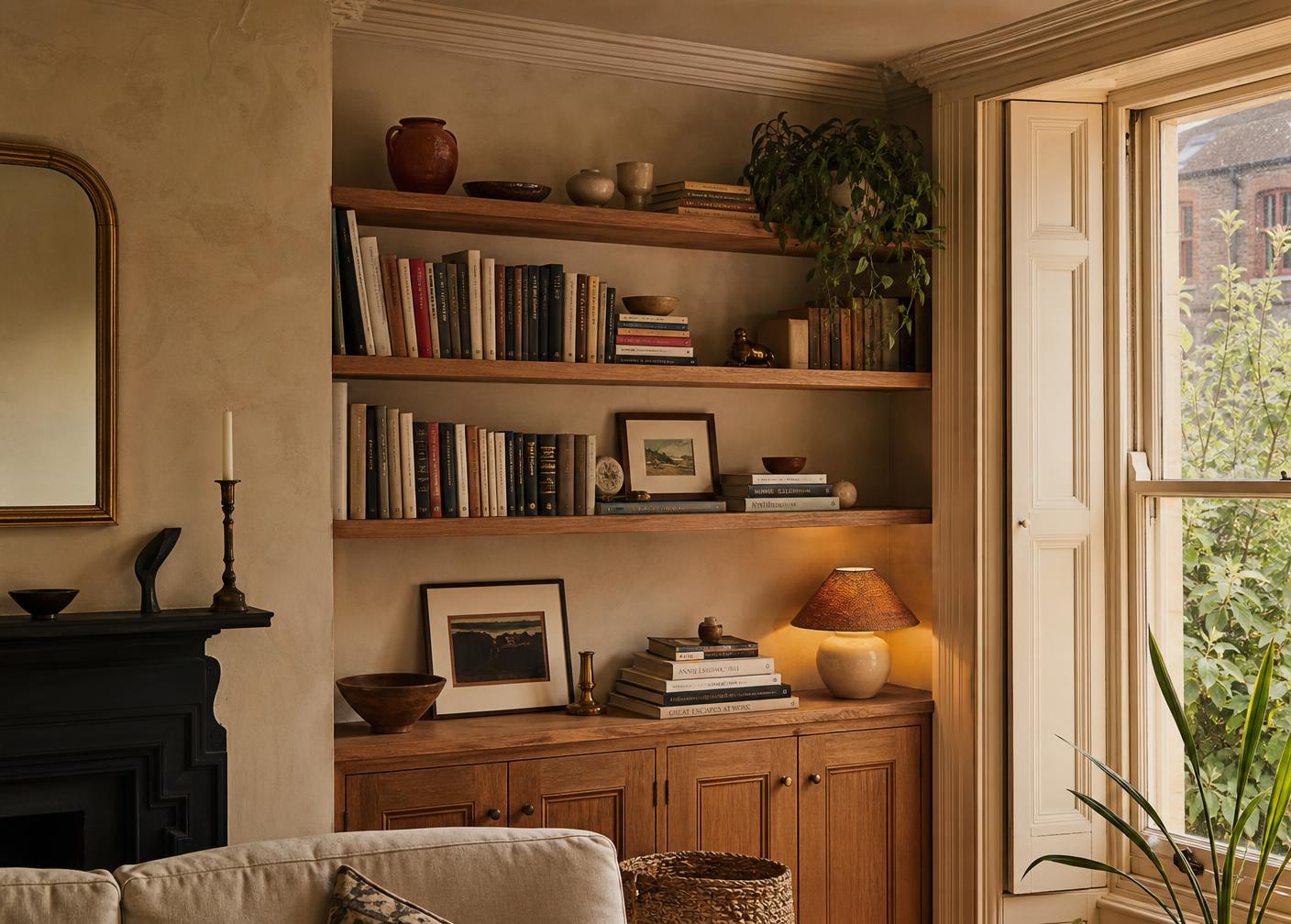 Open shelving with books, ceramics and a trailing plant