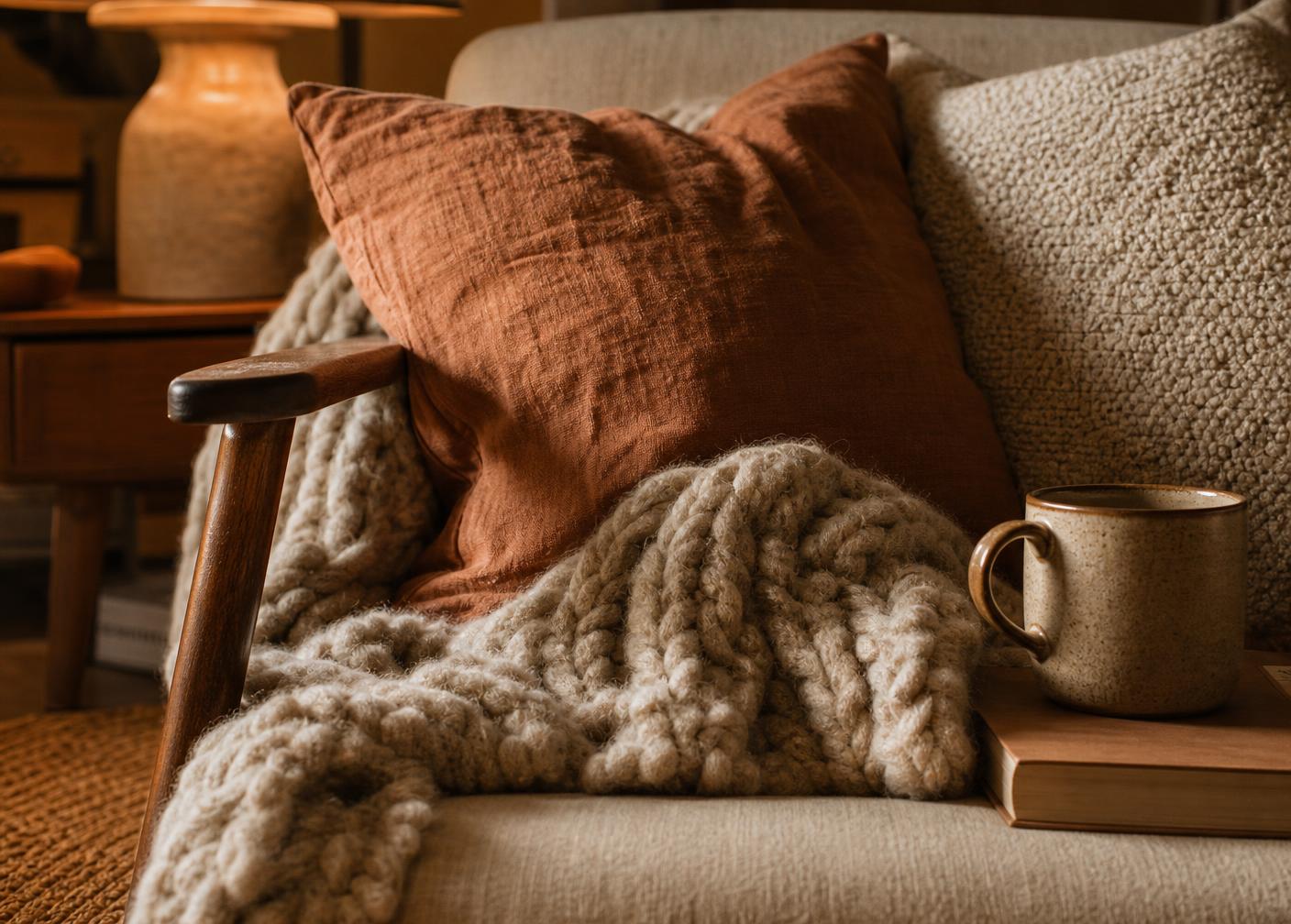 A wool throw and linen cushion in close detail