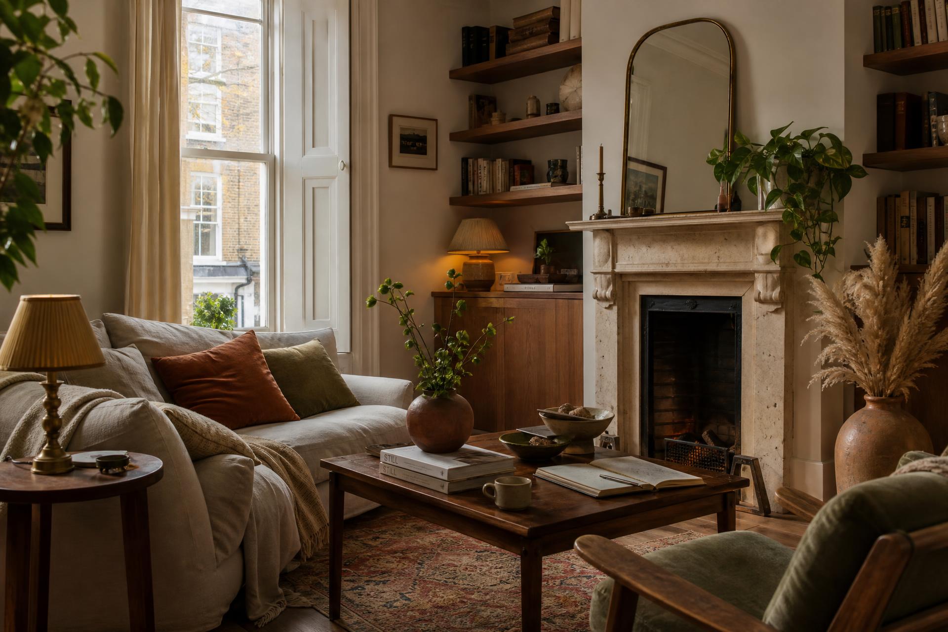 A collected Victorian sitting room with linen upholstery, walnut and oak furniture, terracotta ceramics, houseplants, books and warm lamplight