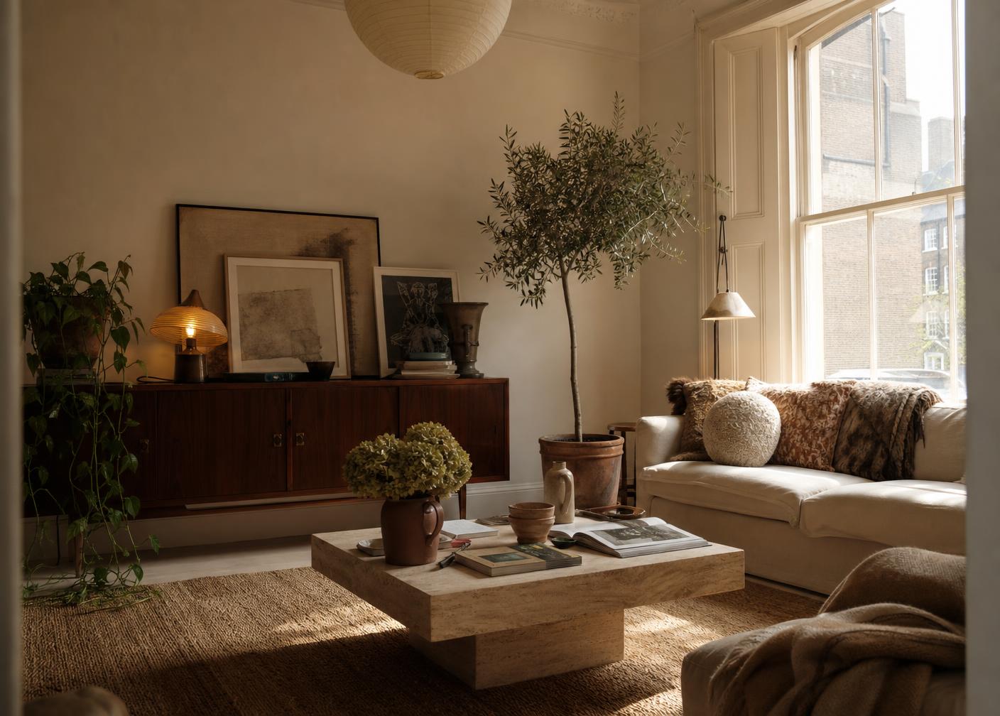 A London apartment living space in afternoon light