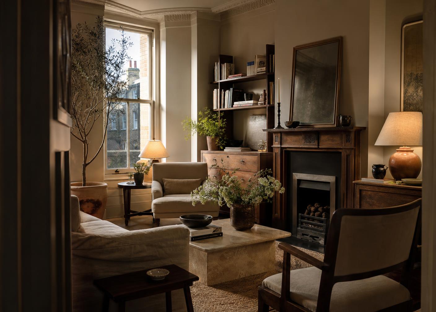 A Victorian terrace sitting room with a period fireplace, linen seating and an olive tree